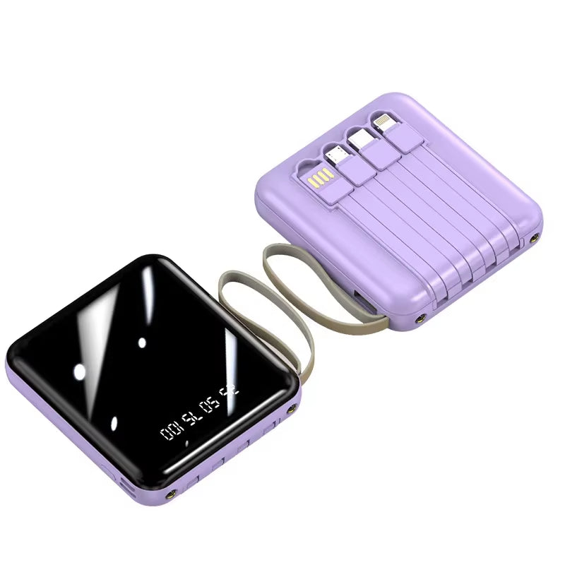 Phone Power Bank with 4 Charging Cables Mini Large Capacity Mirrored Power Bank Portable Fast Charging Powerbanks 20000 10000Mah