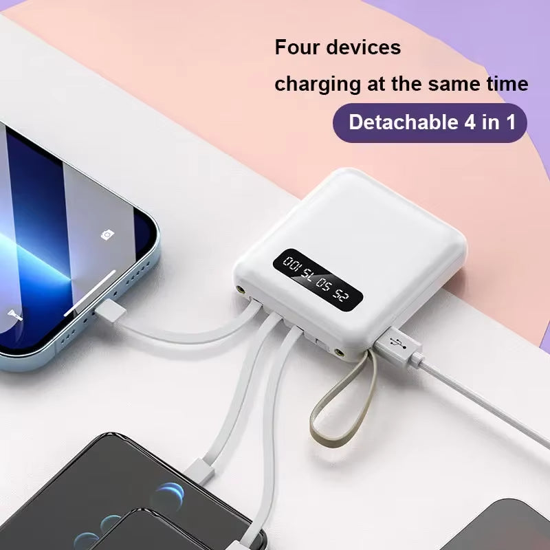 Phone Power Bank with 4 Charging Cables Mini Large Capacity Mirrored Power Bank Portable Fast Charging Powerbanks 20000 10000Mah