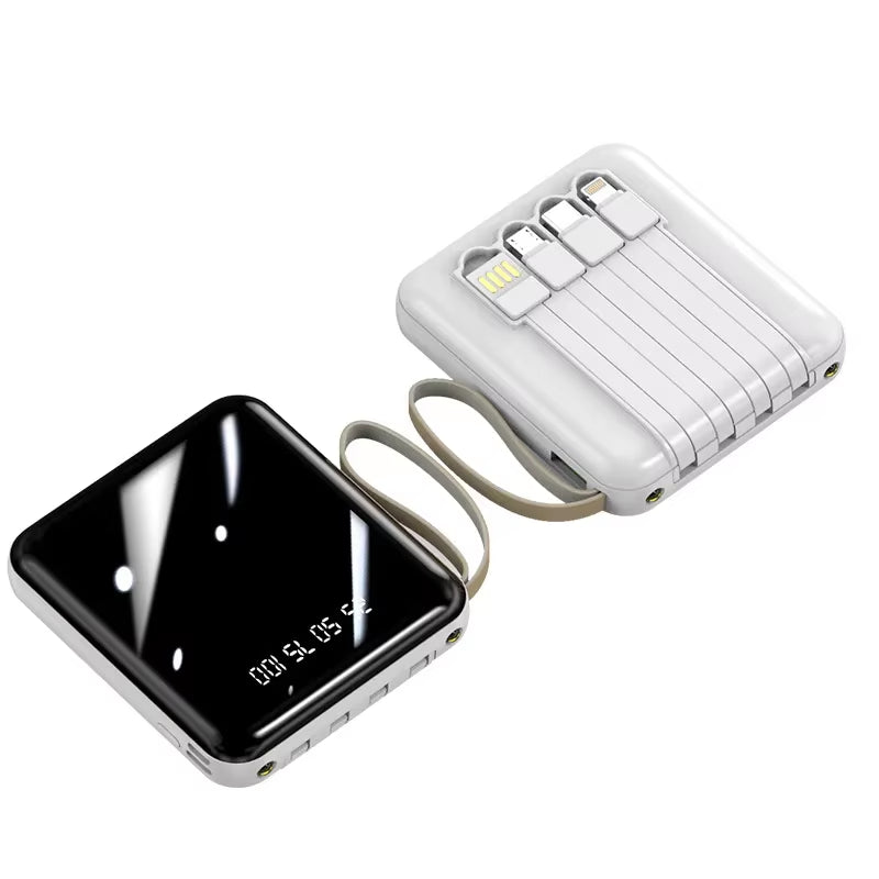 Phone Power Bank with 4 Charging Cables Mini Large Capacity Mirrored Power Bank Portable Fast Charging Powerbanks 20000 10000Mah