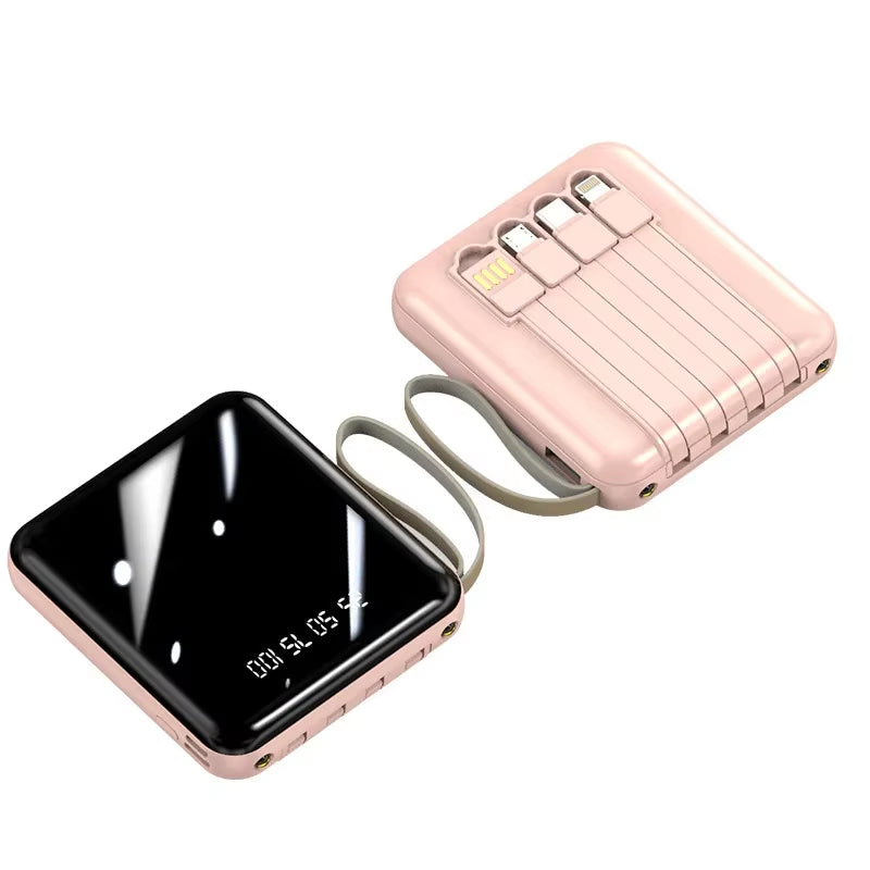 Phone Power Bank with 4 Charging Cables Mini Large Capacity Mirrored Power Bank Portable Fast Charging Powerbanks 20000 10000Mah